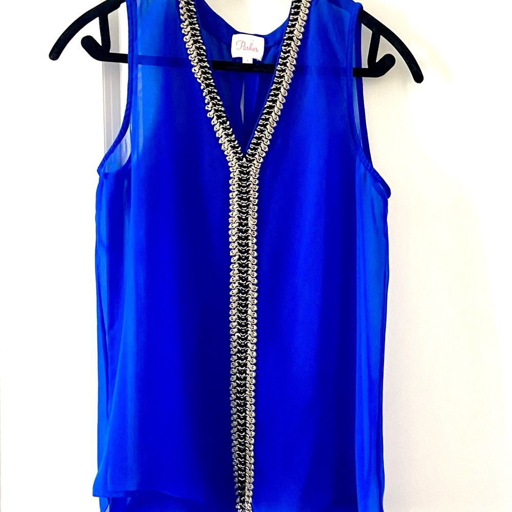 Parker Royal Blue Sleeveless Silk Top with Trim Sz S